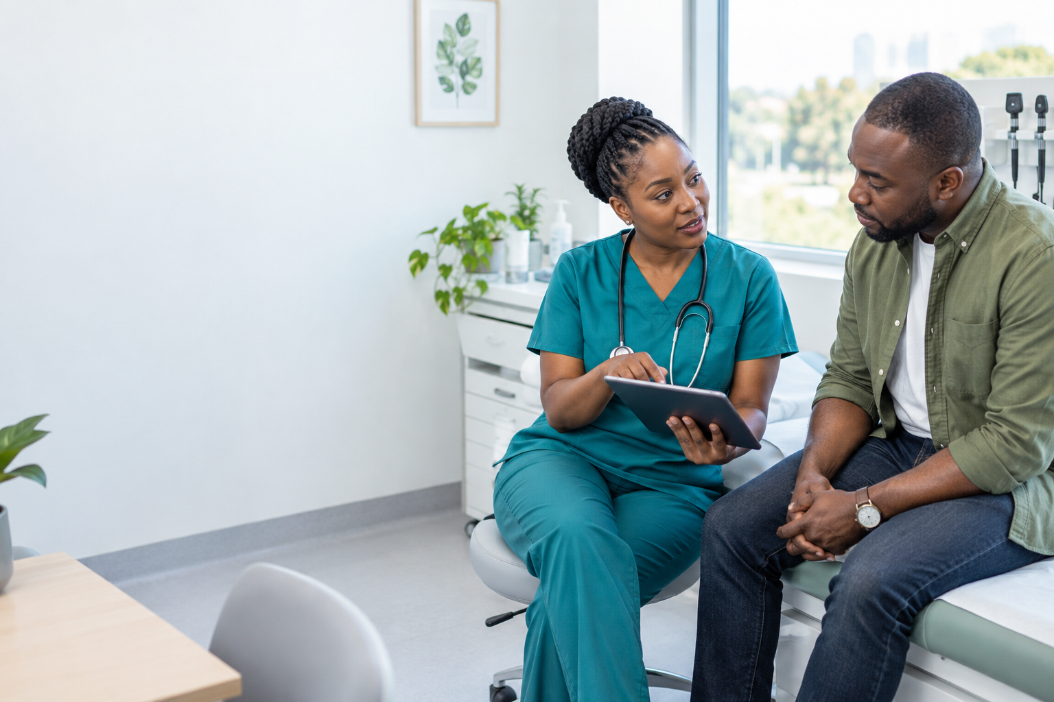 Illustrative clinician and patient discussing a care plan